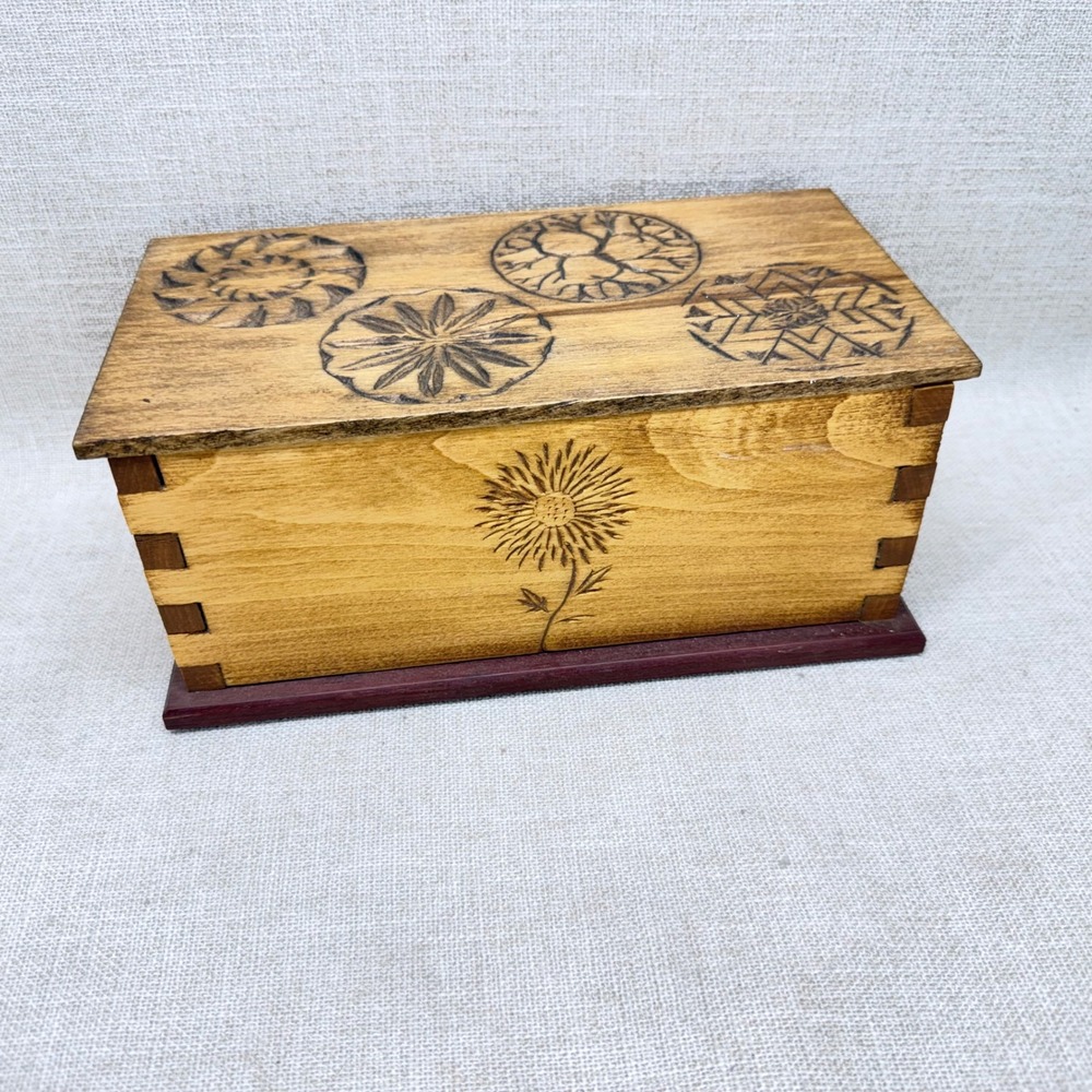 Handmade Wood Burned Floral Keepsake Box Botanical Pyrography Decorative Chest